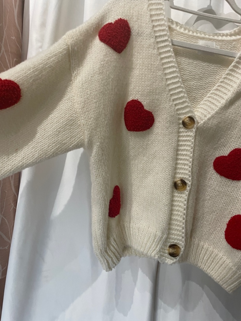 Cream V-Neck Cardigan with Red Heart Appliqués - Picture 7 of 7